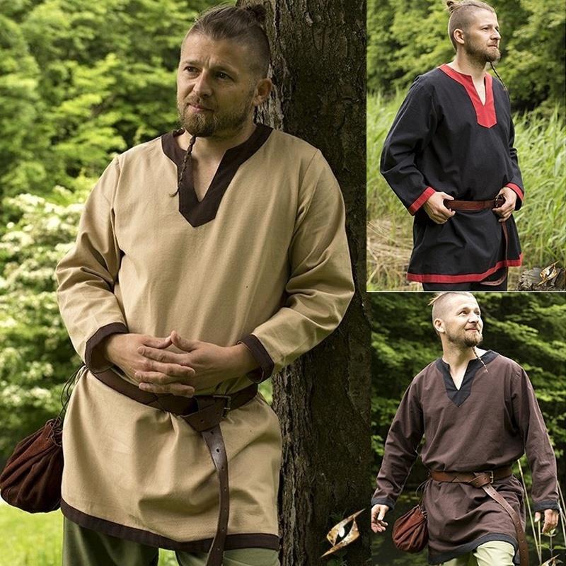 Adult Men Medieval Knight Warrior Costume Green Tunic Clothing Norman Chevalier Braid Viking Pirate Saxon LARP Top Shirt For Men