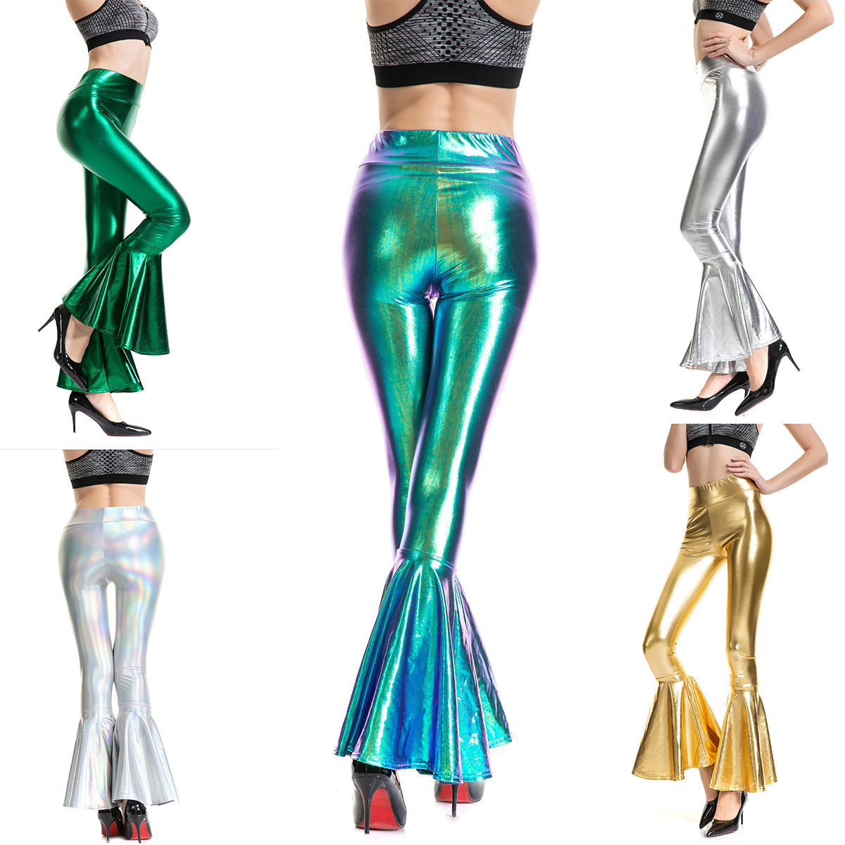 BAIGE PU Shiny Latex Flared Long leggings Sexy Stretchy bell-bottom pants for Lady