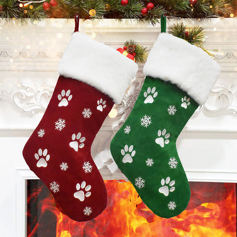 18-Inch Veet Pet Christmas Stocking with Dog Paw Embroidery Custom Size Cotton Plush for Xmas Tree Decorations Noel Gift Socks