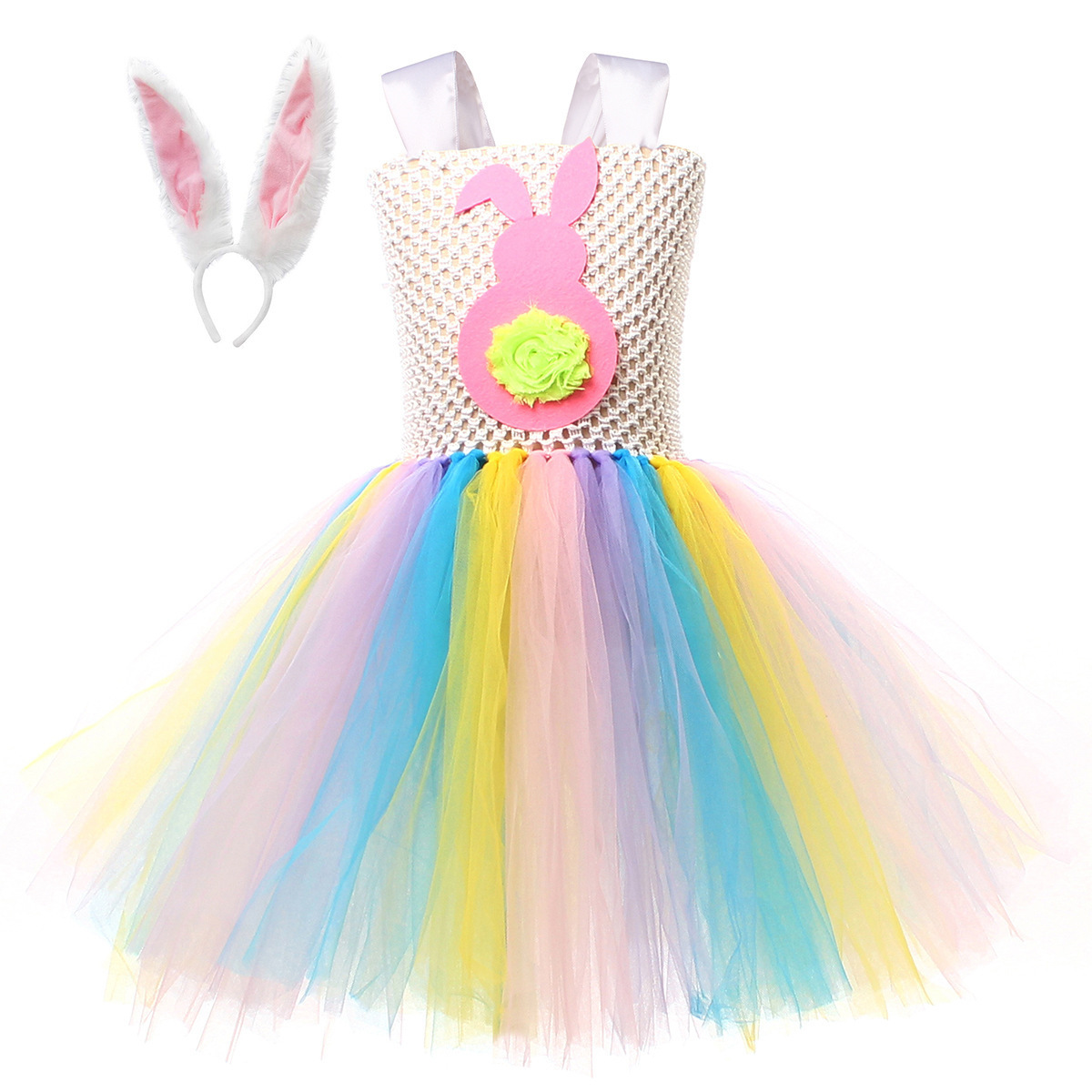 Baby Girls Ruffle Sleeveless Princess Tulle Tutu Dresses With Rabbit Ear Headband Easter Bunny Outfit