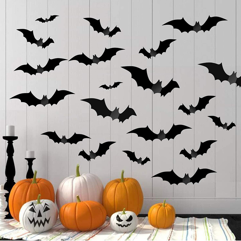 3D PVC Scary Black Bats Wall Stickers With Double Sided Foam Tape For Halloween Party Decoration Indoor Decor