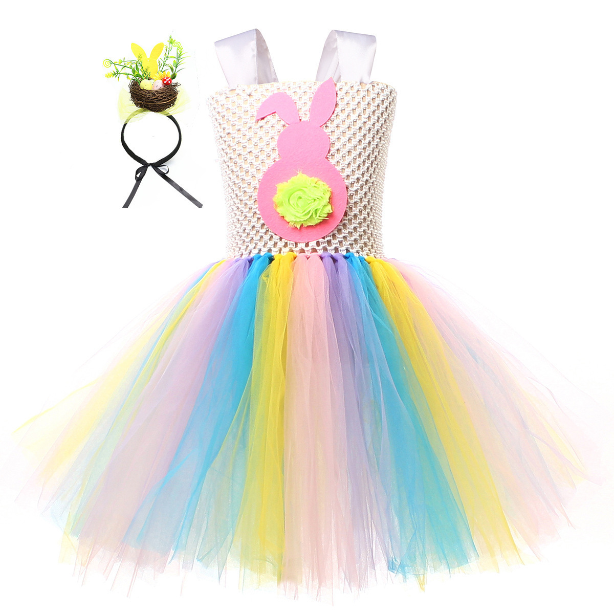 Baby Girls Ruffle Sleeveless Princess Tulle Tutu Dresses With Rabbit Ear Headband Easter Bunny Outfit