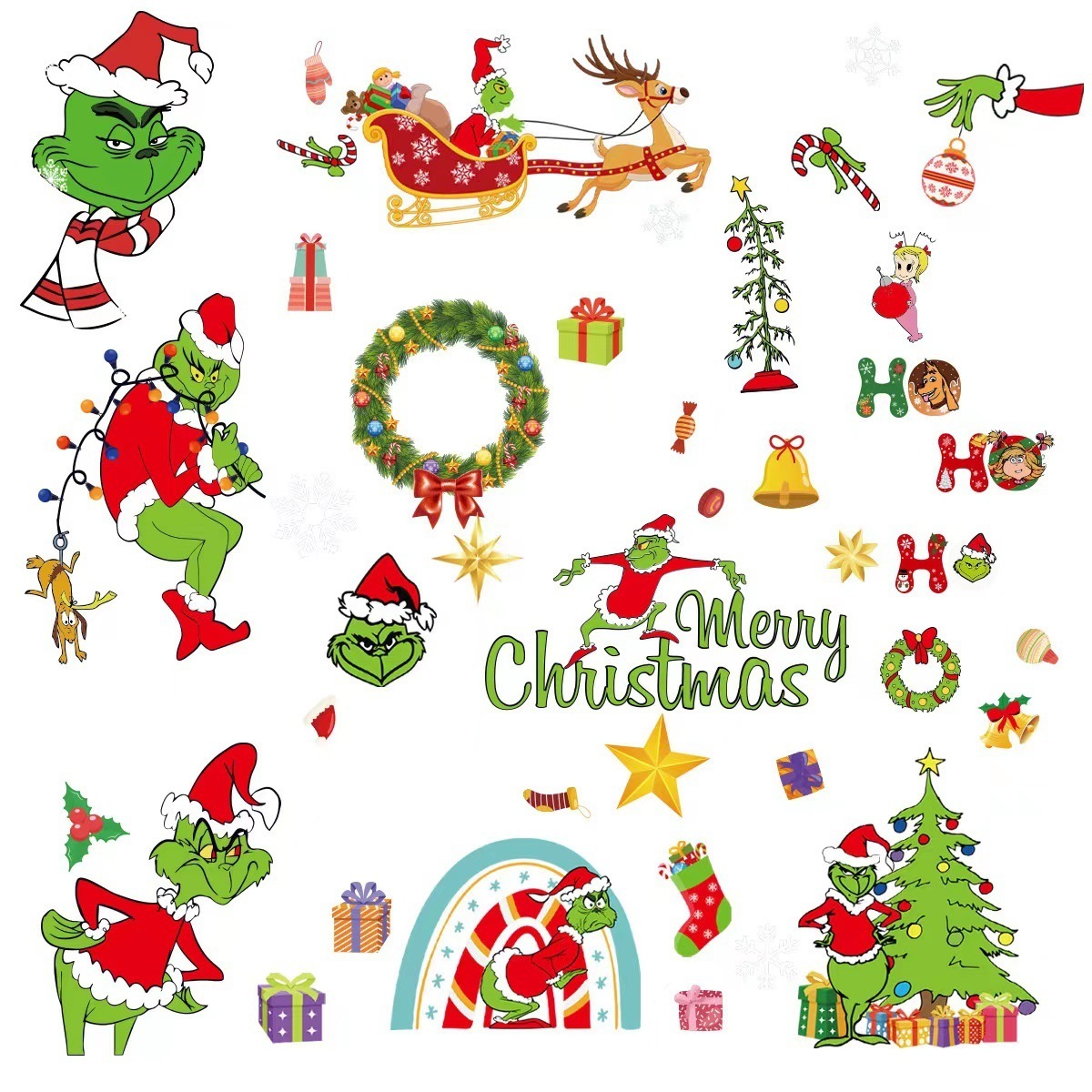 8 Sheet Funny Removable PVC Christmas Tree Grinchmas Wall Glass Stickers Decal Window Clings Xmas Holiday Home Decor