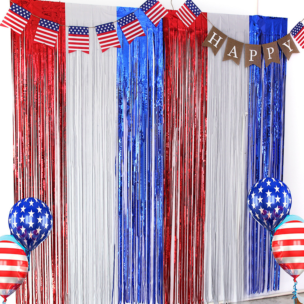 4th of July Decor Red White Blue Tinsel Foil Fringe Curtains Independence Day Photo Booth Prop Streamer Foil Curtain Backdrop