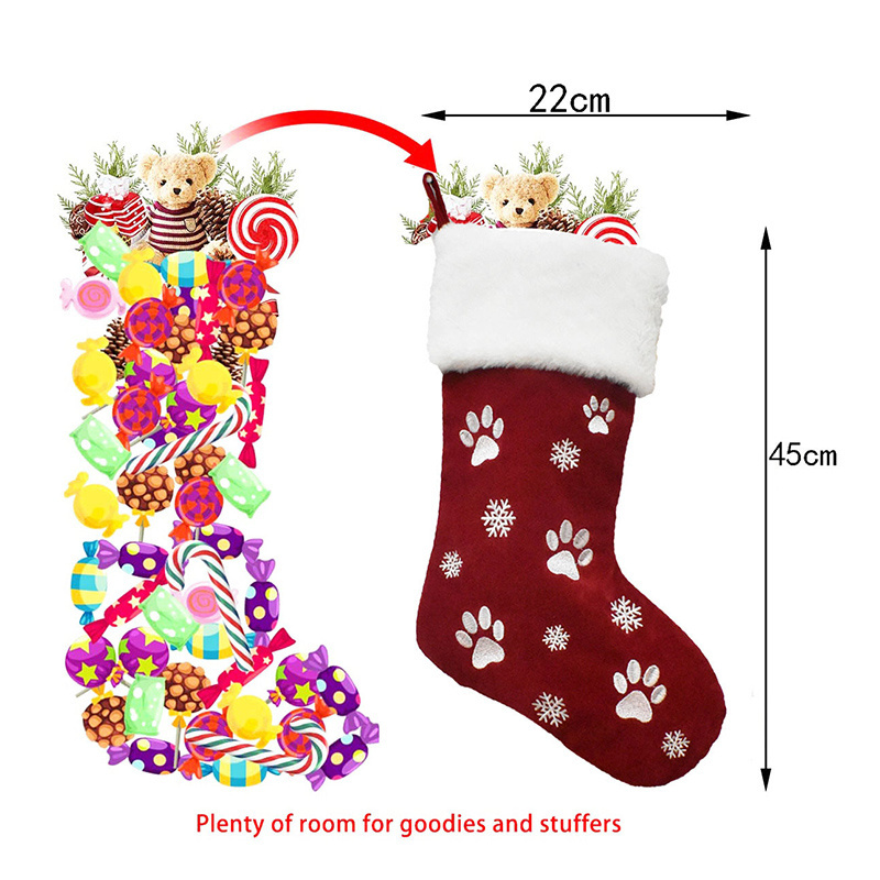 18-Inch Veet Pet Christmas Stocking with Dog Paw Embroidery Custom Size Cotton Plush for Xmas Tree Decorations Noel Gift Socks