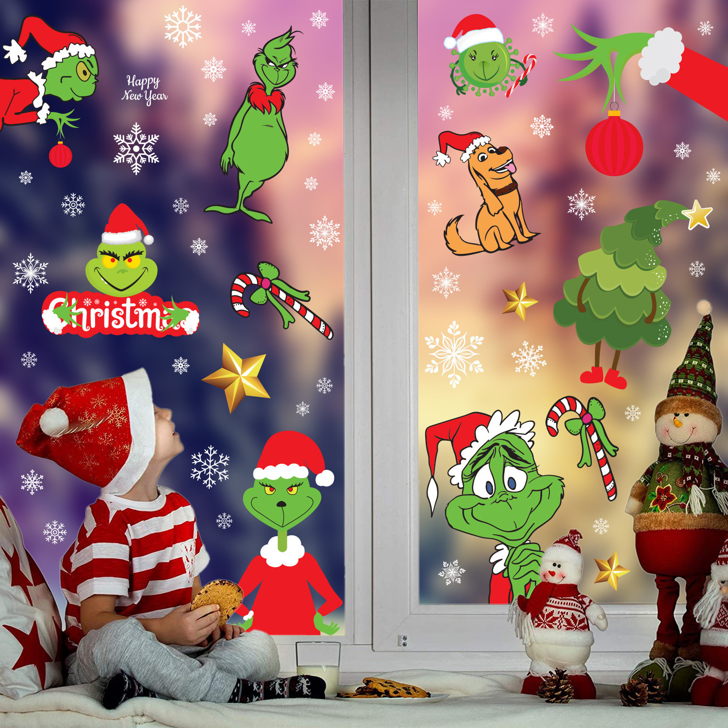 8 Sheet Funny Removable PVC Christmas Tree Grinchmas Wall Glass Stickers Decal Window Clings Xmas Holiday Home Decor