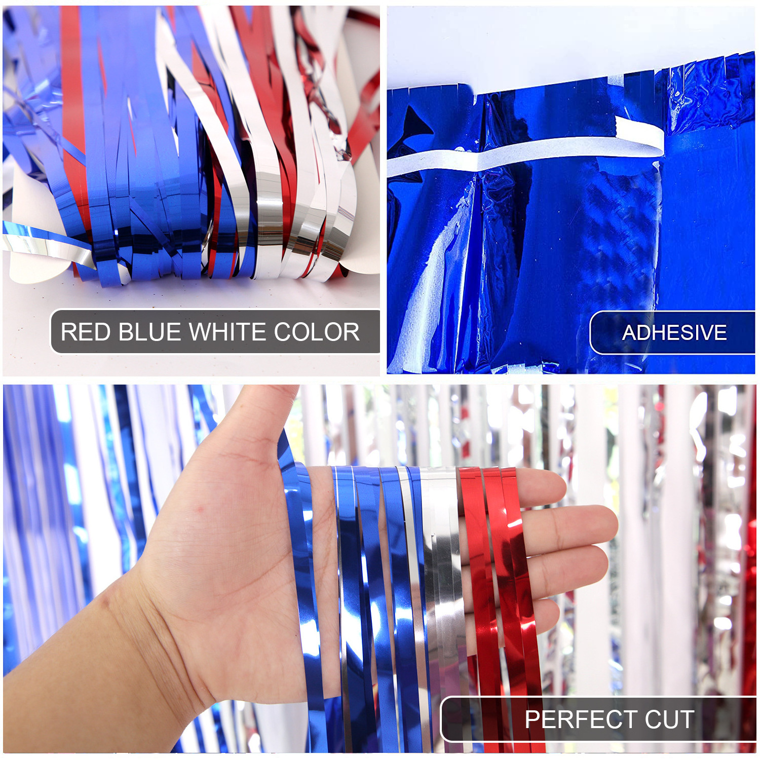 4th of July Decor Red White Blue Tinsel Foil Fringe Curtains Independence Day Photo Booth Prop Streamer Foil Curtain Backdrop