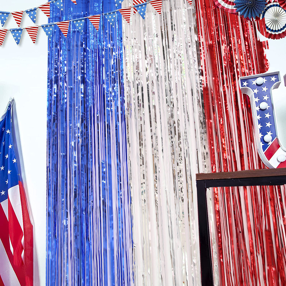 4th of July Decor Red White Blue Tinsel Foil Fringe Curtains Independence Day Photo Booth Prop Streamer Foil Curtain Backdrop