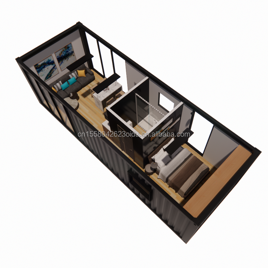 Luxury 20ft beautiful prefab container homes A bedroom, a kitchen, a living room and a bathroom