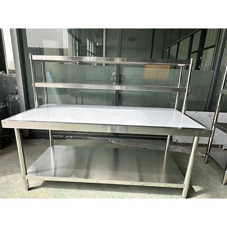 Food prepare work bench/stainless steel splashback kitchen table with adjustable under shelf factory