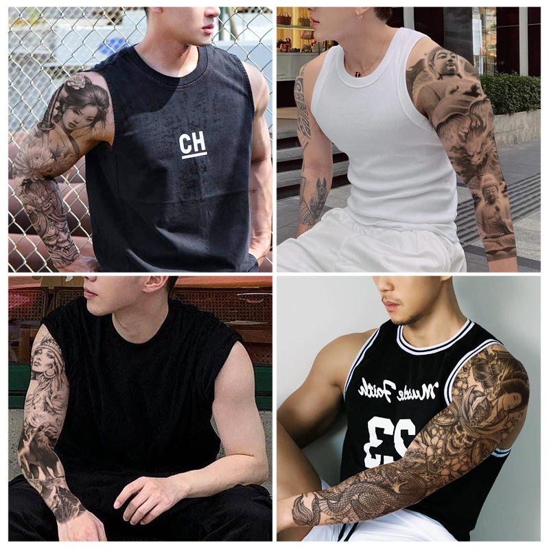 Wholesale Colorful Long Sleeve Tattoo Sticker Body Art Waterproof Buddha Animal Skull Full Arm Temporary Tattoos