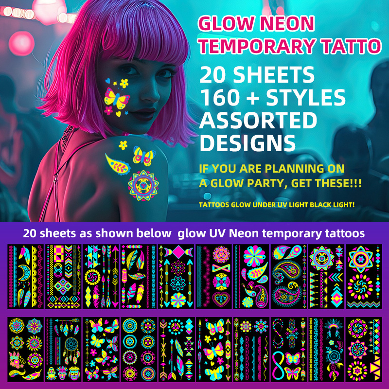 Custom 20 Sheets Fluorescence Decoration Waterproof Luminous Neon UV Tattoo Stickers Fake Glow in The Dark Temporary Tattoos