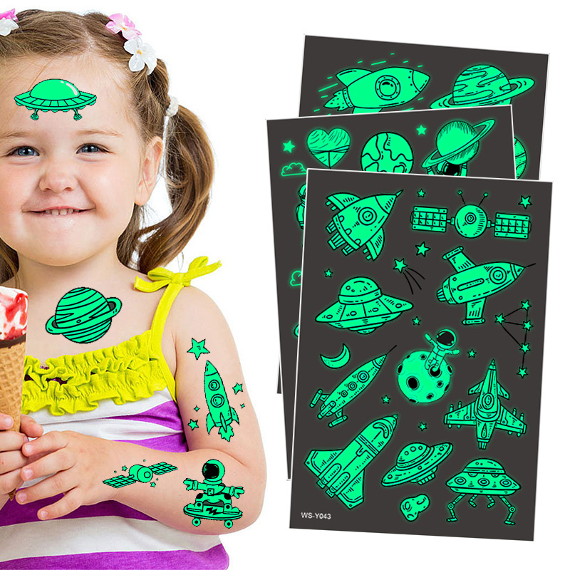 Custom children cartoon luminous space rocket UFO kids glow in the dark fake tattoo sticker waterproof temporary tattoo