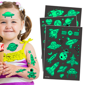 Custom children cartoon luminous space rocket UFO kids glow in the dark fake tattoo sticker waterproof temporary tattoo