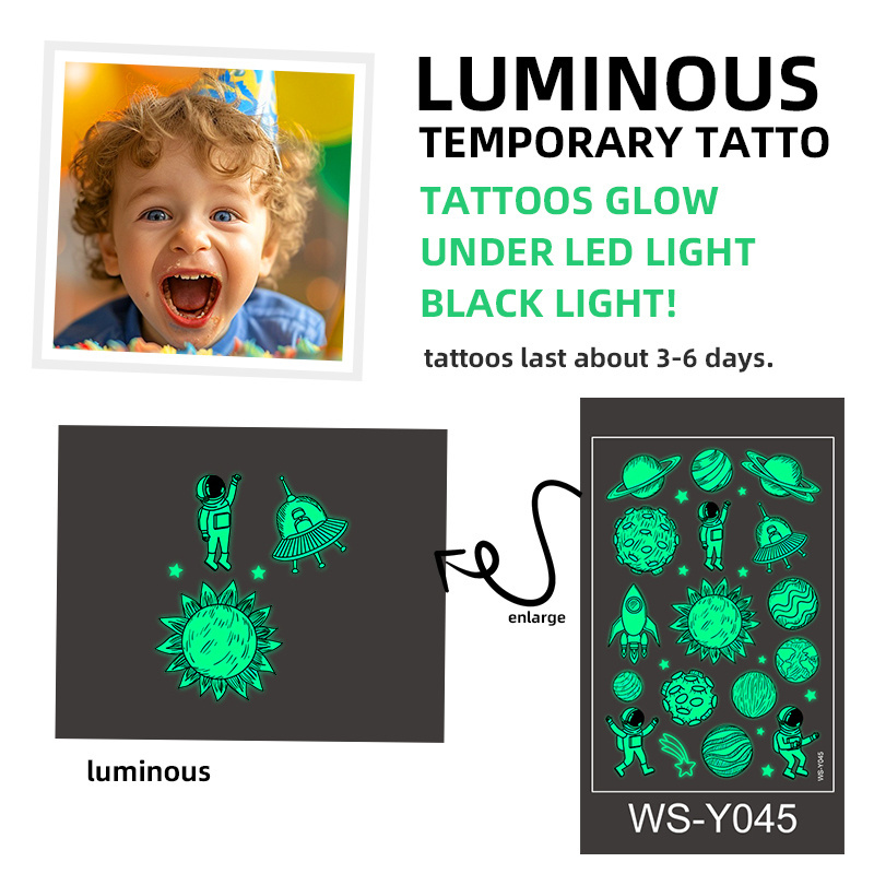 Custom children cartoon luminous space rocket UFO kids glow in the dark fake tattoo sticker waterproof temporary tattoo