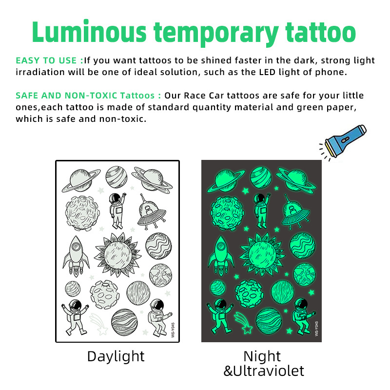 Custom children cartoon luminous space rocket UFO kids glow in the dark fake tattoo sticker waterproof temporary tattoo