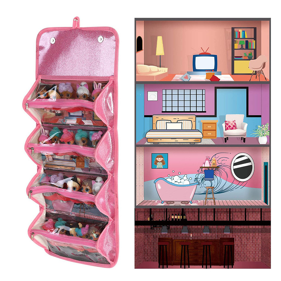 600D Oxford Roll Up Toy Storage Bag Hanging Storage Organizer Clear Window Pocket Organizer Storage Toy