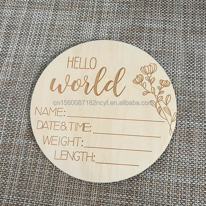 Punched Wooden Round Plaque Baby Milestone Card Hello World Birth Announcement Sign Baby Name Tag