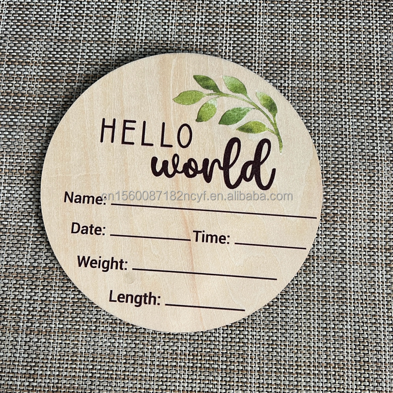 Punched Wooden Round Plaque Baby Milestone Card Hello World Birth Announcement Sign Baby Name Tag