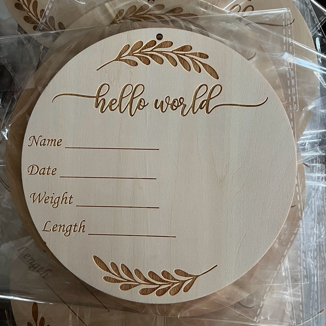 Punched Wooden Round Plaque Baby Milestone Card Hello World Birth Announcement Sign Baby Name Tag