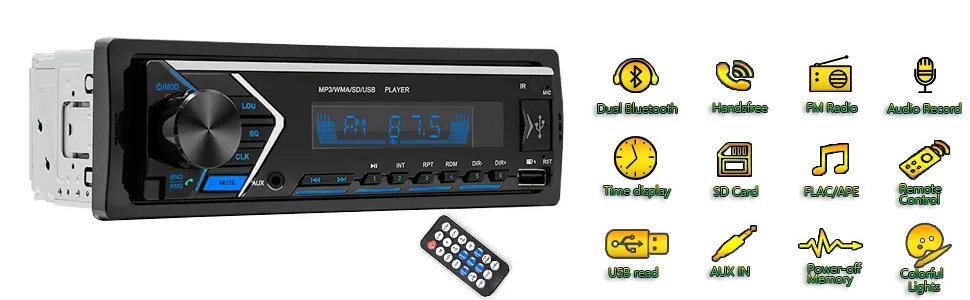 Single Din Car Stereo with Dual Bluetooth FM Radio Car Audio Receiver Dual USB Port Hands Free Calling MP3 Player