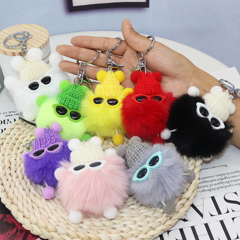 INS Hot Cartoon Plush Doll Car Key Bag Pendant Key Rings Cool Sunglass Cap Coal Ball Plush Keychain puff ball keychain bulk