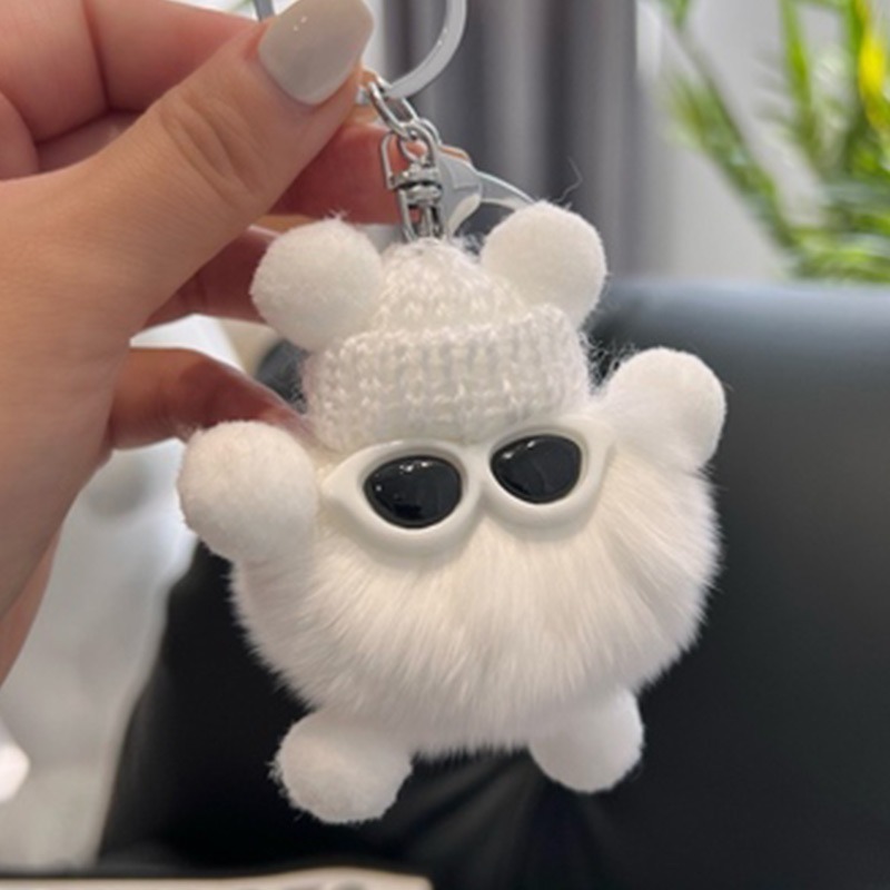 INS Hot Cartoon Plush Doll Car Key Bag Pendant Key Rings Cool Sunglass Cap Coal Ball Plush Keychain puff ball keychain bulk