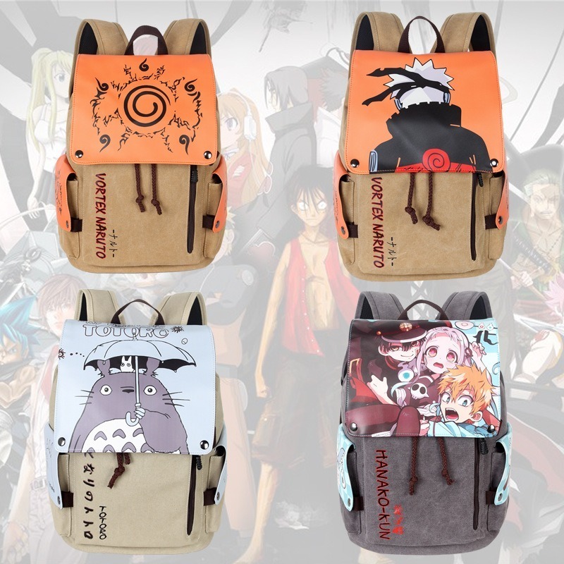 High Quality Japanese Anime Canvas PU Teenage School Bag Cartoon Large Capacity Totoro One Piece Demon Slayer Travel Backpack