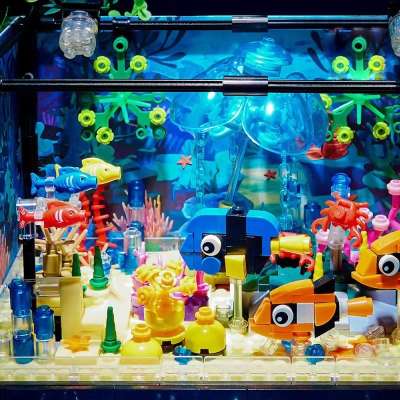 DK7023 Creative Fishbowl Aquarium Series Sea Turtle Jellyfish Fish Tank With Light Seafloor Assembly Building Blocks Bricks Toys