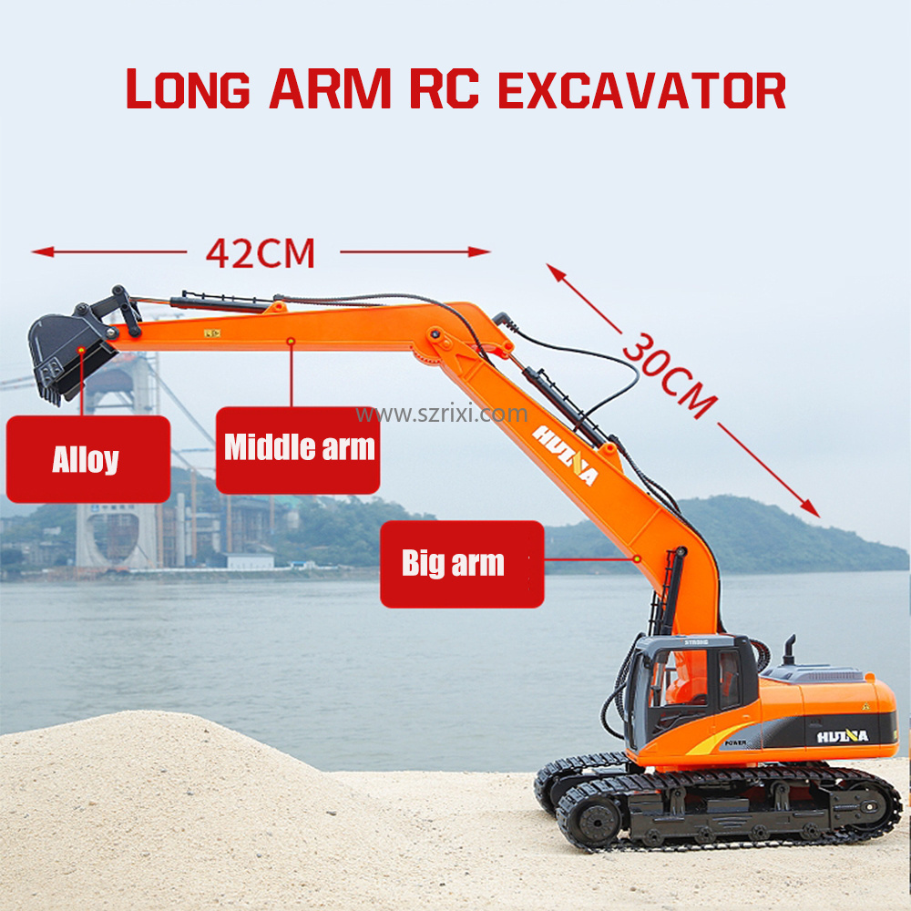 Huina 1551 1/14 15CH Alloy Professional Long Arm Excavator Caterpillar Dumper Truck Car Engineering Construction Vehicle RC Toys