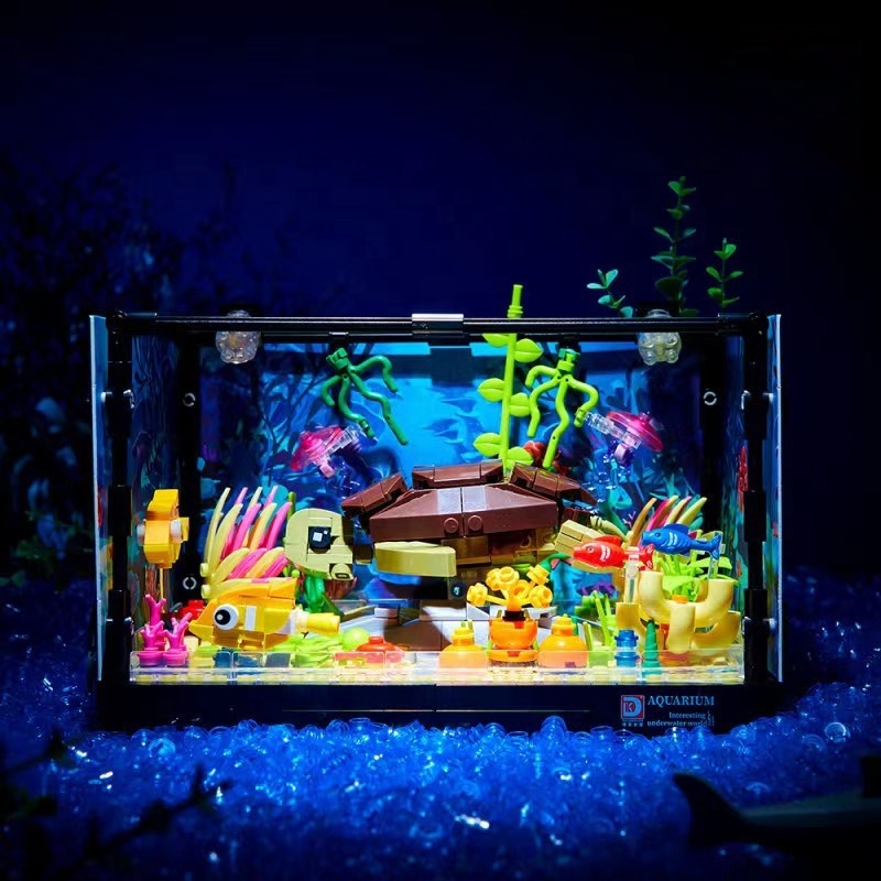 DK7023 Creative Fishbowl Aquarium Series Sea Turtle Jellyfish Fish Tank With Light Seafloor Assembly Building Blocks Bricks Toys