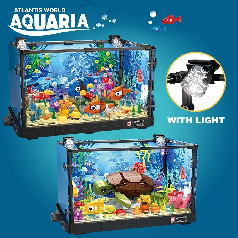 DK7023 Creative Fishbowl Aquarium Series Sea Turtle Jellyfish Fish Tank With Light Seafloor Assembly Building Blocks Bricks Toys