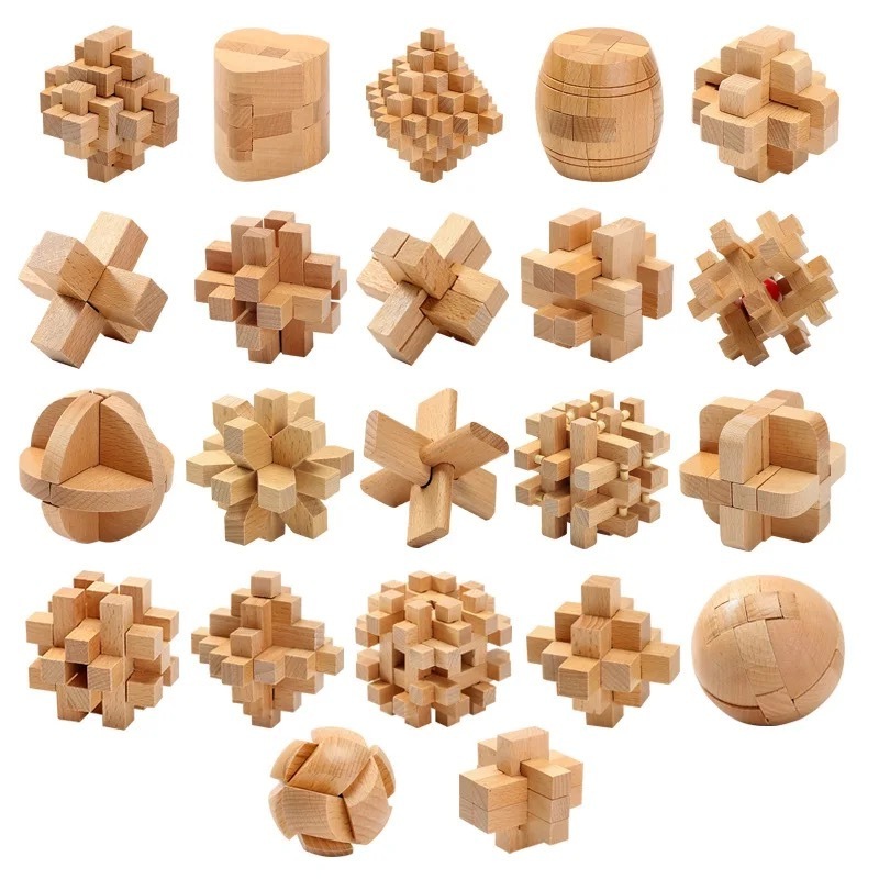 Wholesale Customized 3D Wooden Puzzle Luban Kongming Lock Puzzle Set Toy For Teens And Adults Eco-friendly Wooden Kongming Lock