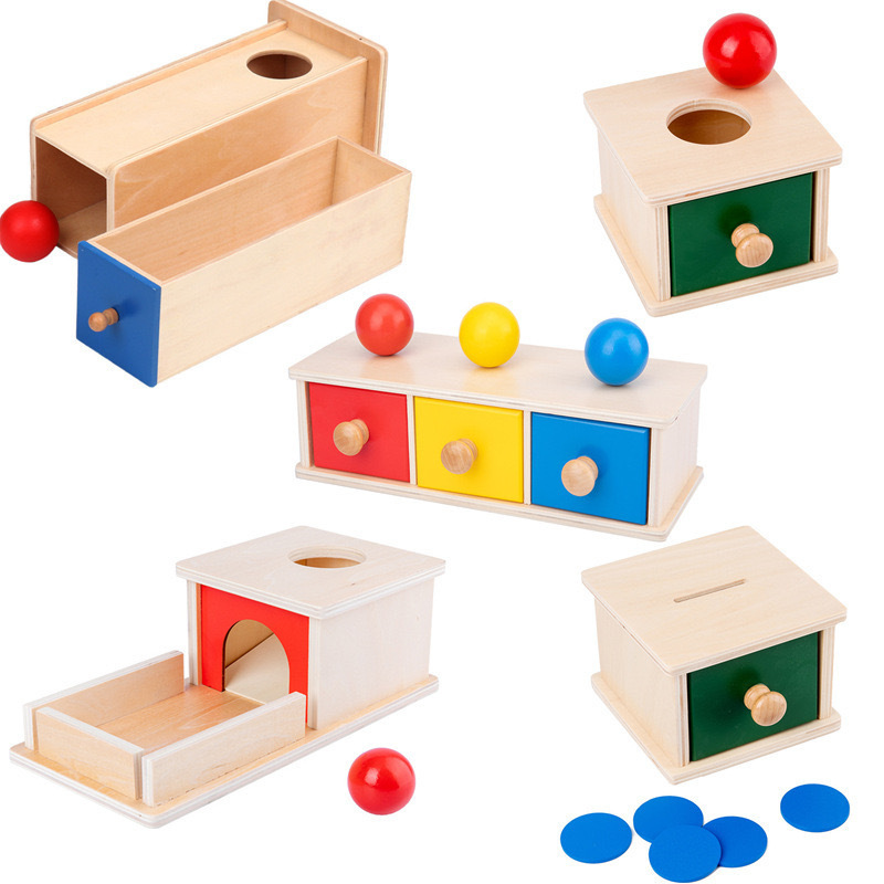 Kids Educational Training Toys Wooden Ball Drop Toy Coin Box Development Wooden Toys For Toddler Wood Object Permanence Box