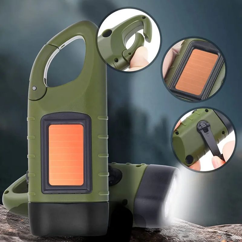 Outdoor Solar Hand Crank Flashlight Rechargeable Hiking Fob Keychain Mini Bright LED Light Camping Lights