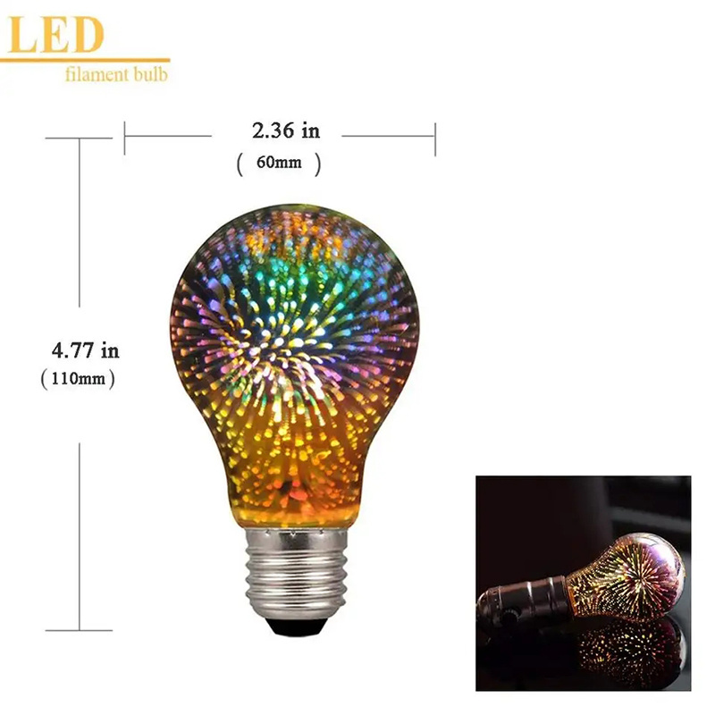 A19 A60 4W LED 3D Colorful Star Fireworks Light Bulb E27 E26 2200k 500 Lumens Edison Lamp Bulb Holiday Decorations Light Bulb