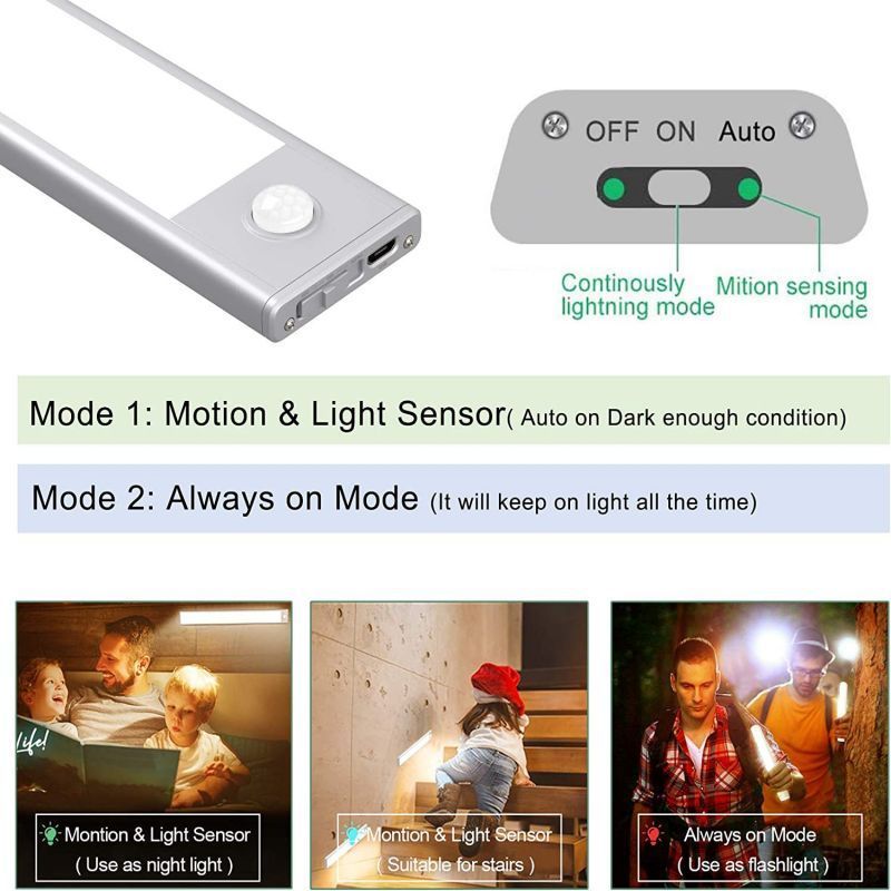 Ultra-Thin Indoor Lighting 3 Color Dimmable Usb Rechargeable Kitchen Cabinet Closet Wardrobe Led Motion Sensor Light