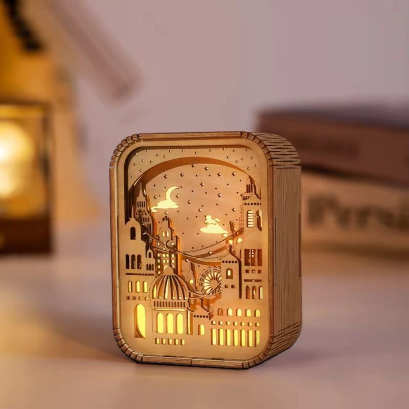 Cultural Gifts Wood Carving Lamp Assembly 3D Light and Shadow City Travel School Ancient Style Stereoscopic Night Lights