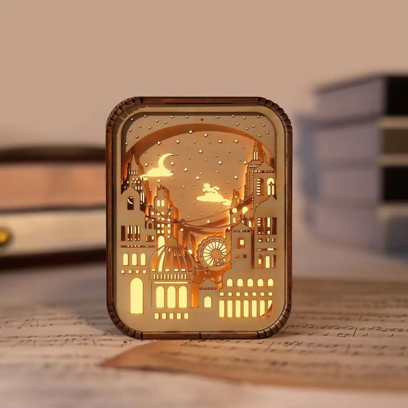 Cultural Gifts Wood Carving Lamp Assembly 3D Light and Shadow City Travel School Ancient Style Stereoscopic Night Lights