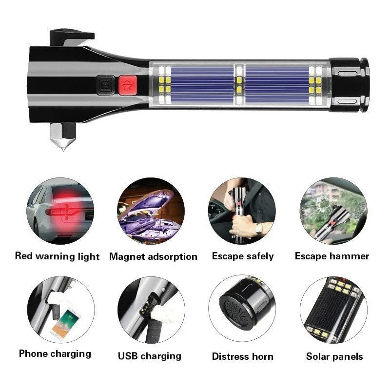 Cross Border Multi-functional Car Safety Hammer Flashlight Firefighting Window Breaker Car Super Bright Light Worklight