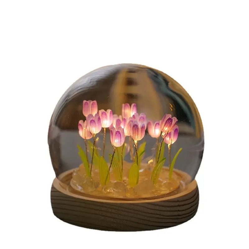 DIY Handmade Tulip Glass Table Lamp Night Light Customization Crystal Ball Flower Tulips LED Night Light