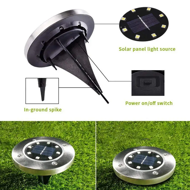 Hot Sale 8 12 16 LED Waterproof Lawn Patio Pathway Garden Stainless Steel Solar Powered Led Light Disk Ground Light