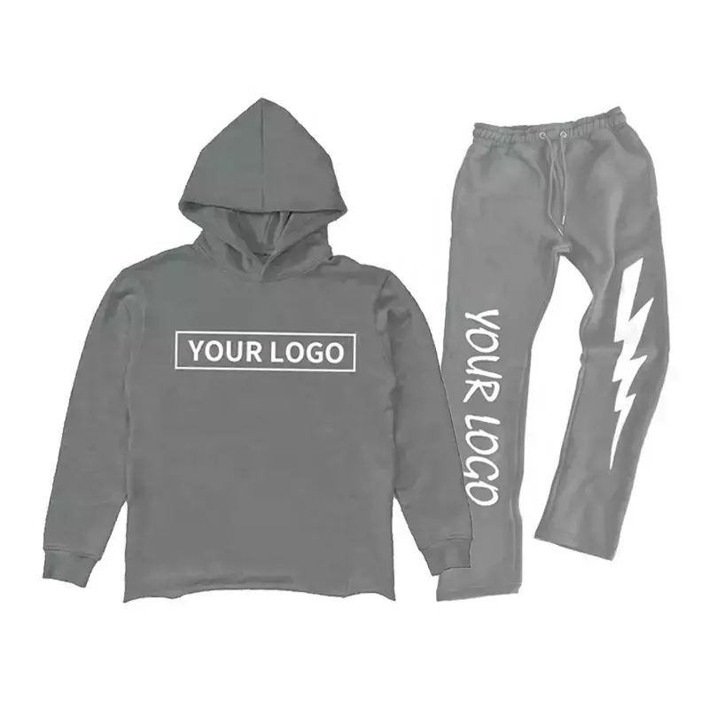 Custom Men Stacked Sweatsuit Hem Cut Hoodie And Jogger Sweatpants Set Custom Logo Graphic 3D Puff Print Flared Tracksuit