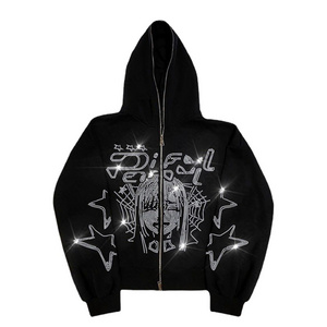 Wholesale Unisex high quality Custom hoody jacket Men Fullzip Zipper Hoodi Blank Full Face Zip Up Rhinestone Men's Hoodie