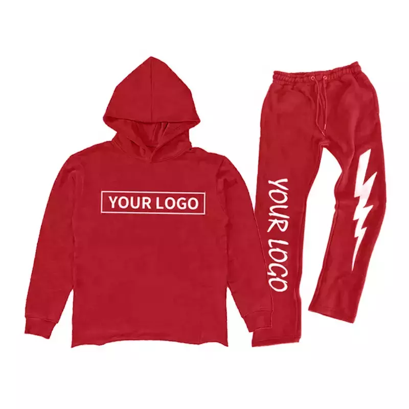 Custom Men Stacked Sweatsuit Hem Cut Hoodie And Jogger Sweatpants Set Custom Logo Graphic 3D Puff Print Flared Tracksuit