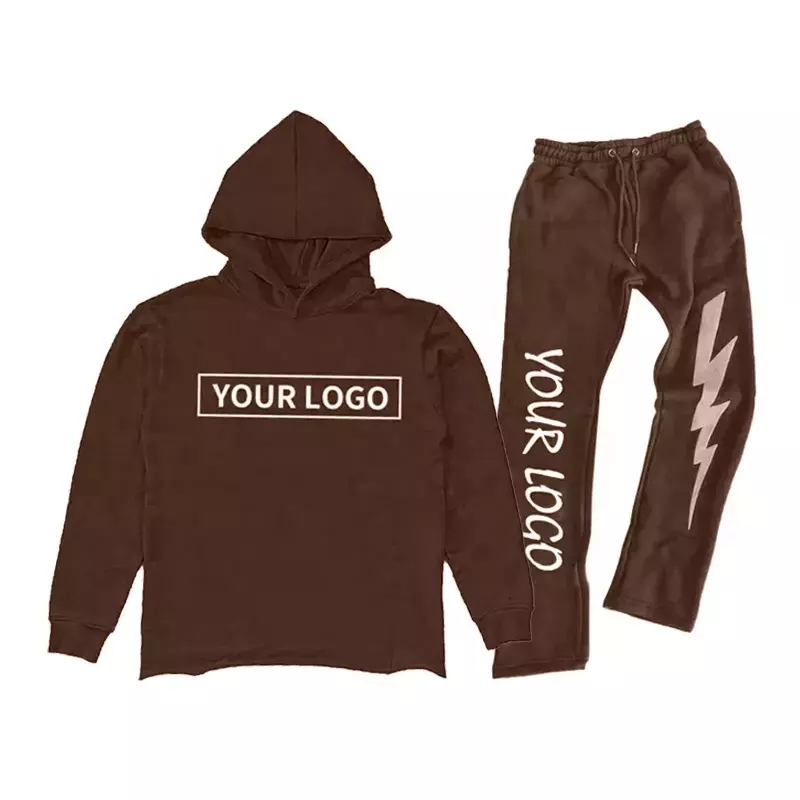 Custom Men Stacked Sweatsuit Hem Cut Hoodie And Jogger Sweatpants Set Custom Logo Graphic 3D Puff Print Flared Tracksuit