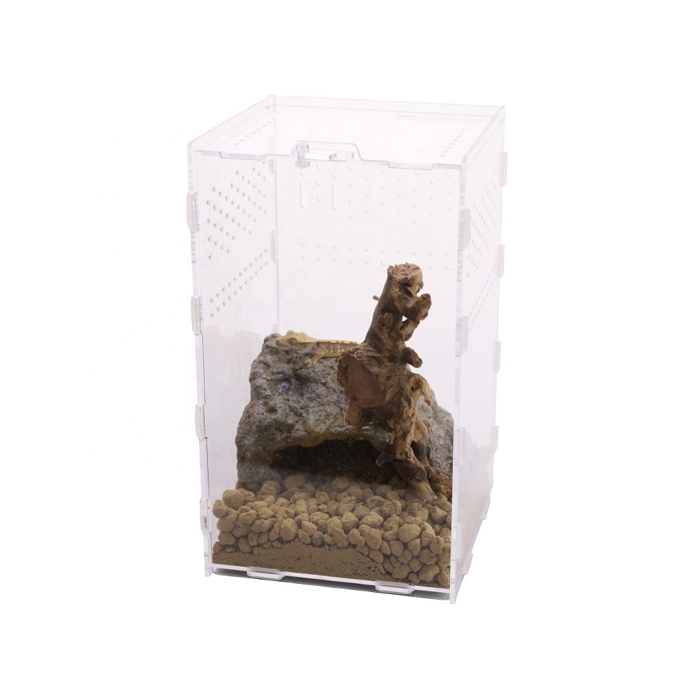 Wholesale Reptile Pet Supplies Stackable Reptile Display Box Carrier Habitat Show Case Feeding Container with Hide Cave