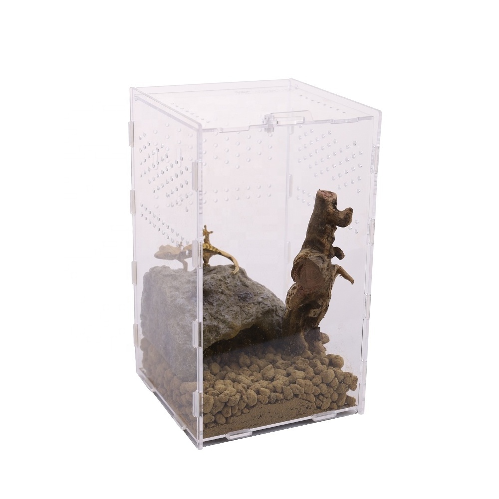 Wholesale Reptile Pet Supplies Stackable Reptile Display Box Carrier Habitat Show Case Feeding Container with Hide Cave