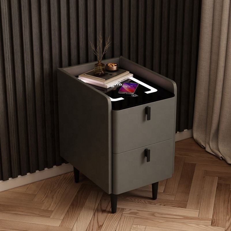 Modern Luxury Smart Nightstands With LED USB Wireless Charging Fingerprint Unlock Plug Base Bedroom Bedside Table