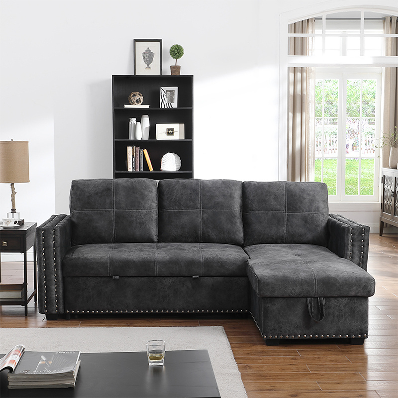 Sectional Sofa With Pulled Out Bed, 2 Seats Sofa and Reversible Chaise With Storage Armrest With Copper Nail